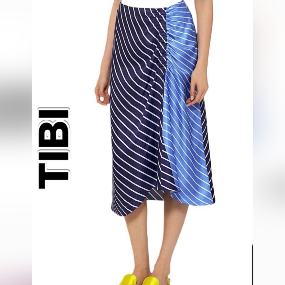 Tibi Navy and Sky Blue Striped Midi Skirt
